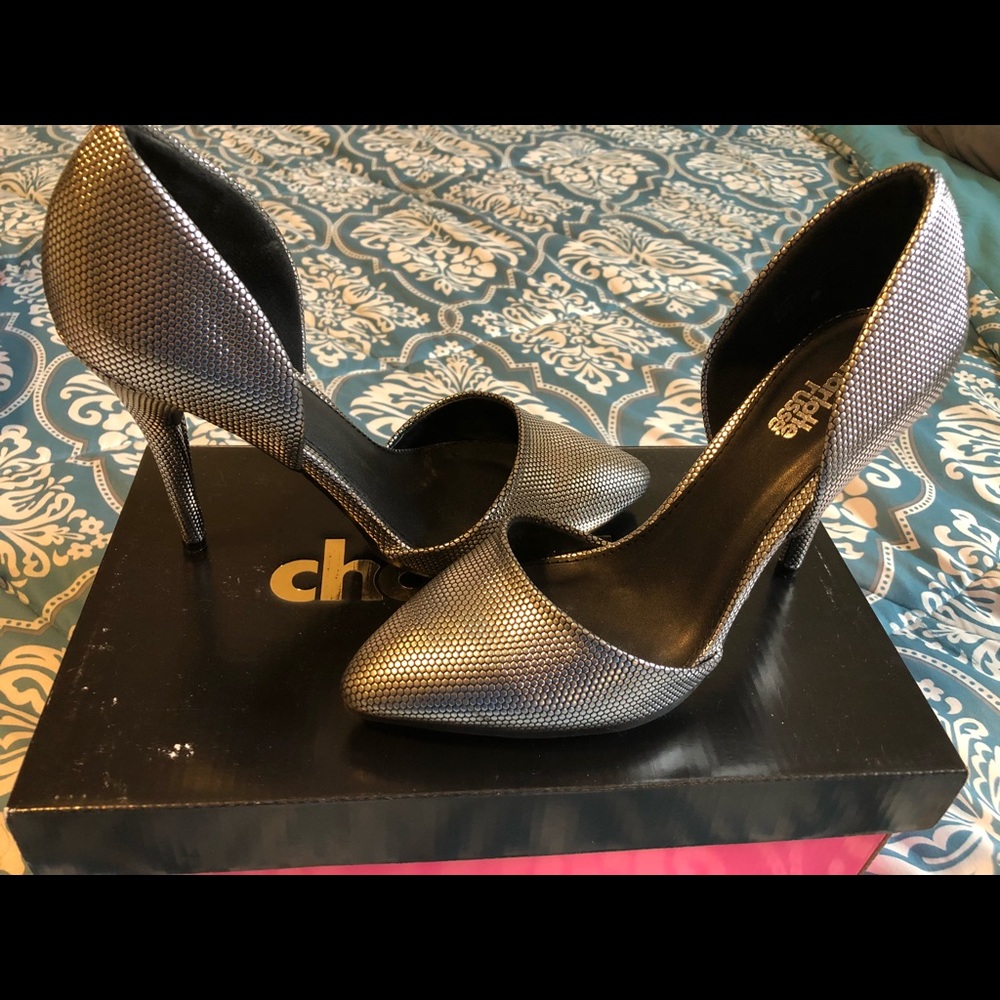 Grey and black heels